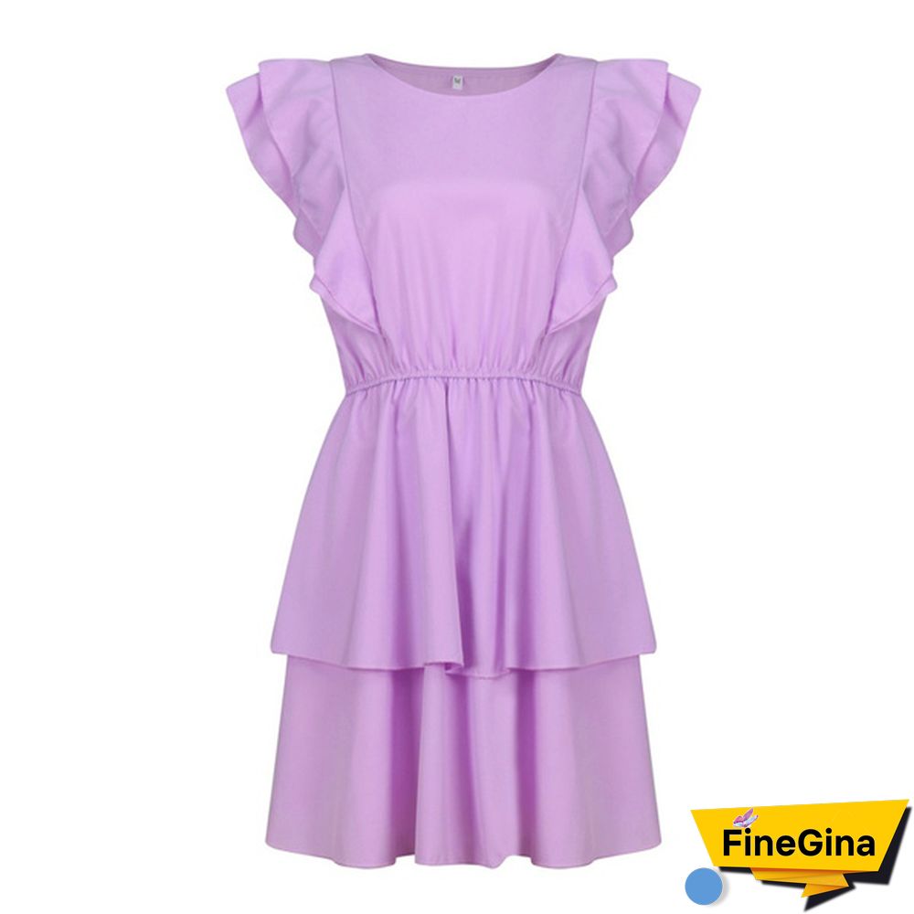 Summer Women's Fashion Solid Color Mini Dress O-Neck Ruffle Short Sleeve Dresses