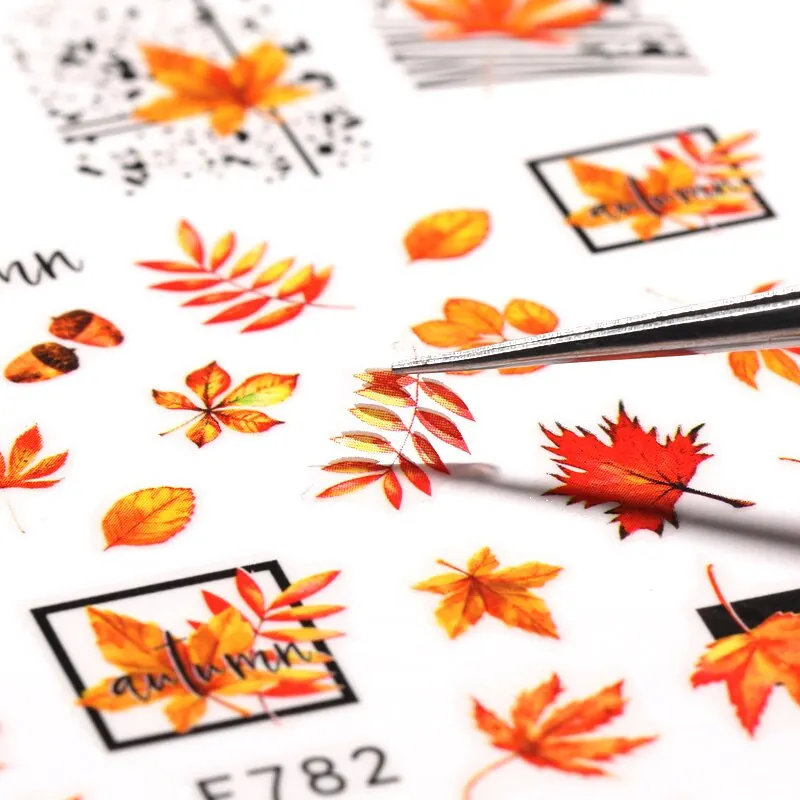 Maple Leaves 3D Nail Sticker Gold Black iridescent Leaf Tree Geometrics Lines Adhesive Transfer Sticker DIY Nail Decoration
