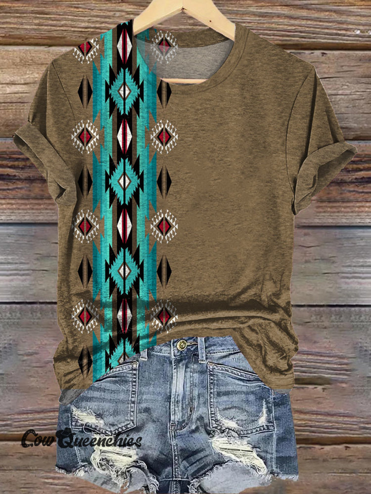 Simple Khaki Aztec Graphic Print Casual T-shirt Khaki / S