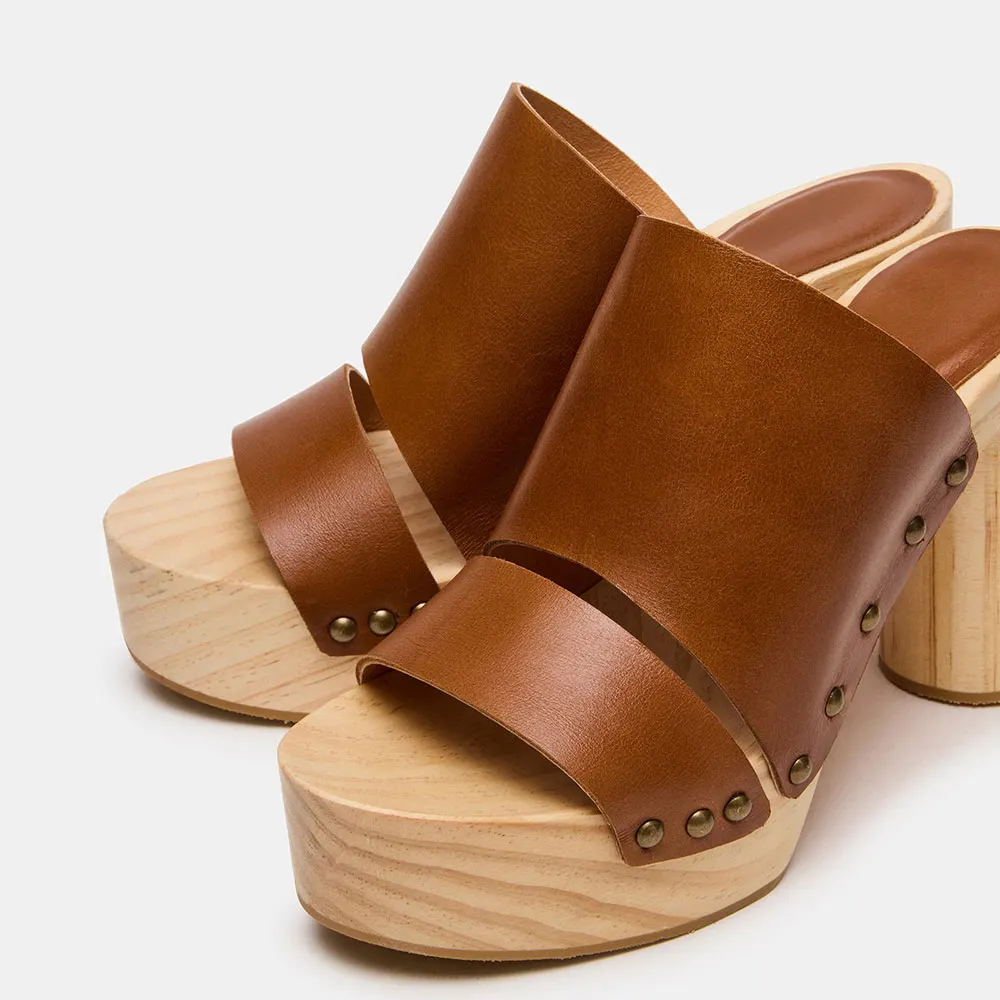 Brown Open-Toe Studded Cylinder Heel Platform Slide Sandals