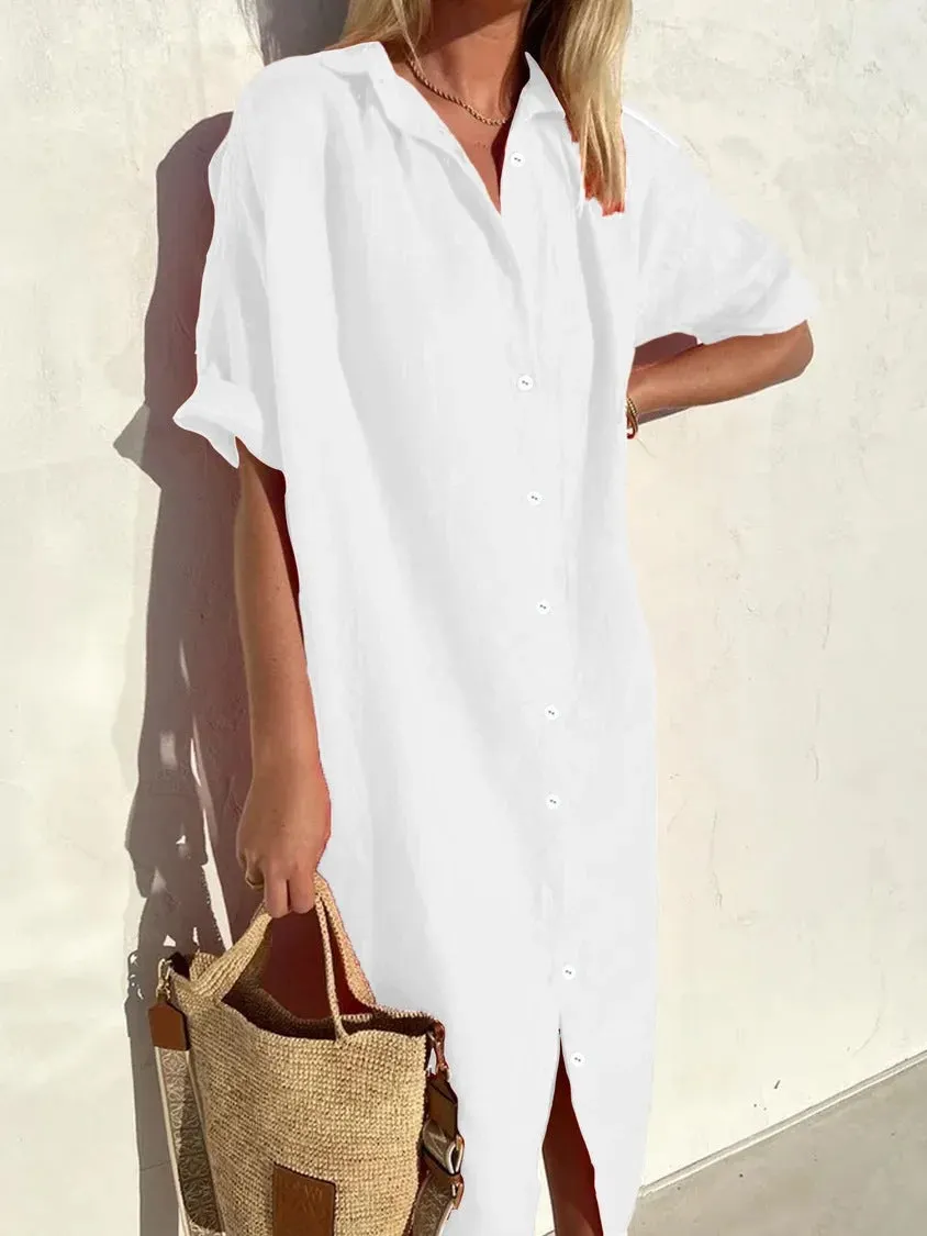 Brownm Casual Loose Sleeves Button Dress Cotton And Dresses
