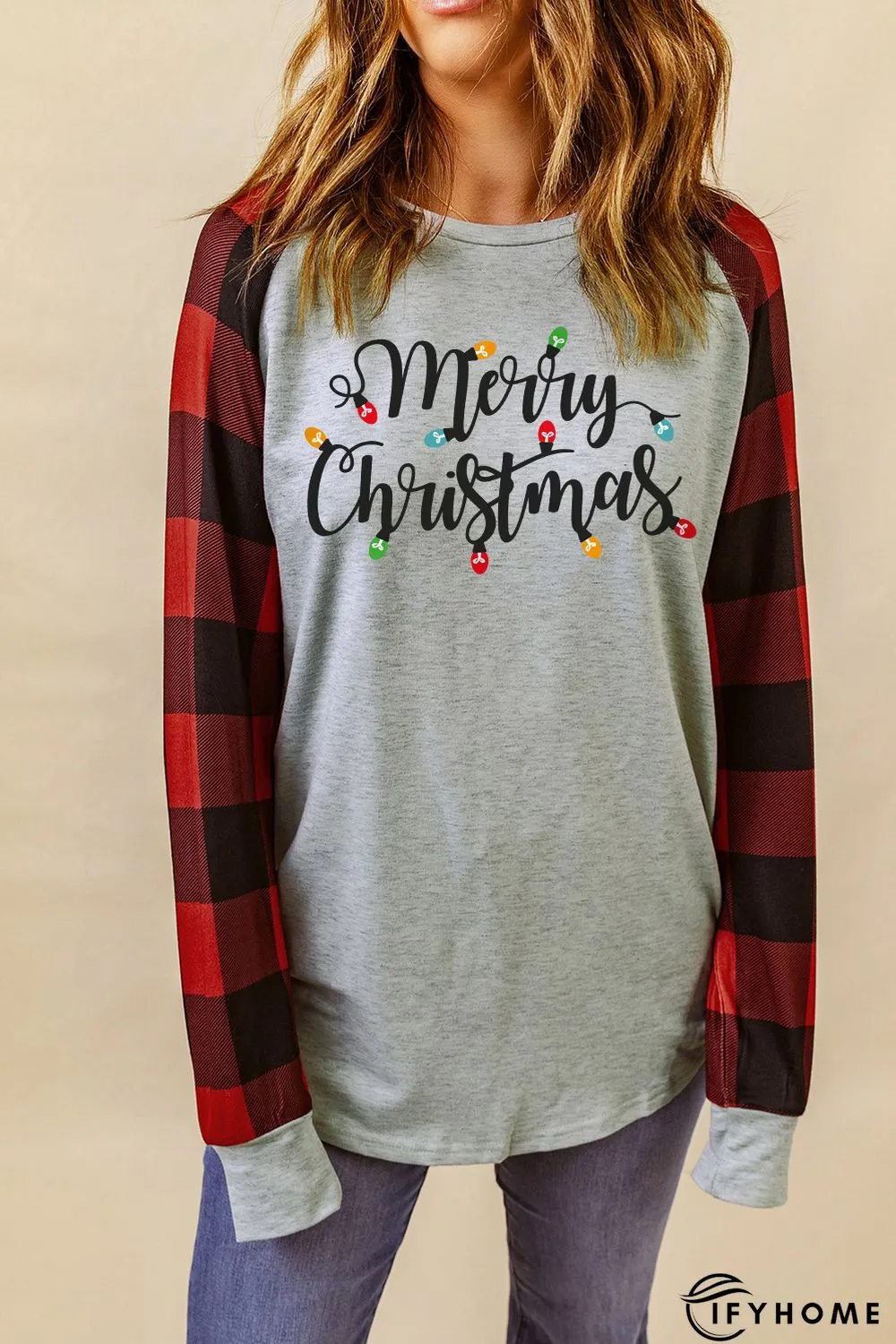 Gray Merry Christmas Plaid Color Block Long Sleeve Sweatshirt | IFYHOME