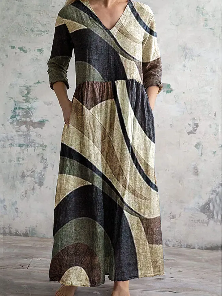 Womens  V-Neck Retro Geometric Pattern Cotton And Linen Dress