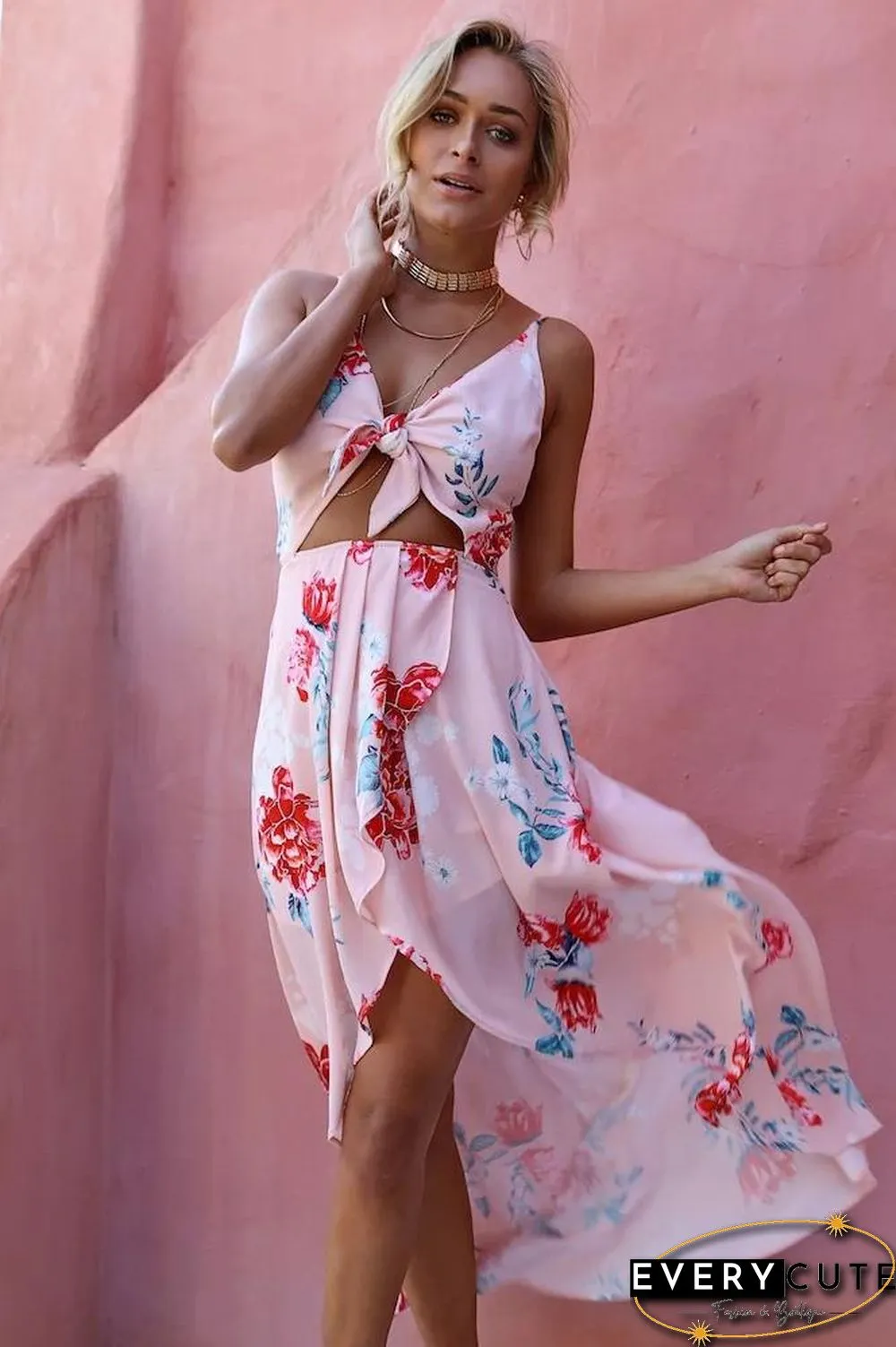 Pink Sleeveless Flowers Printed Irregular Hem Dress