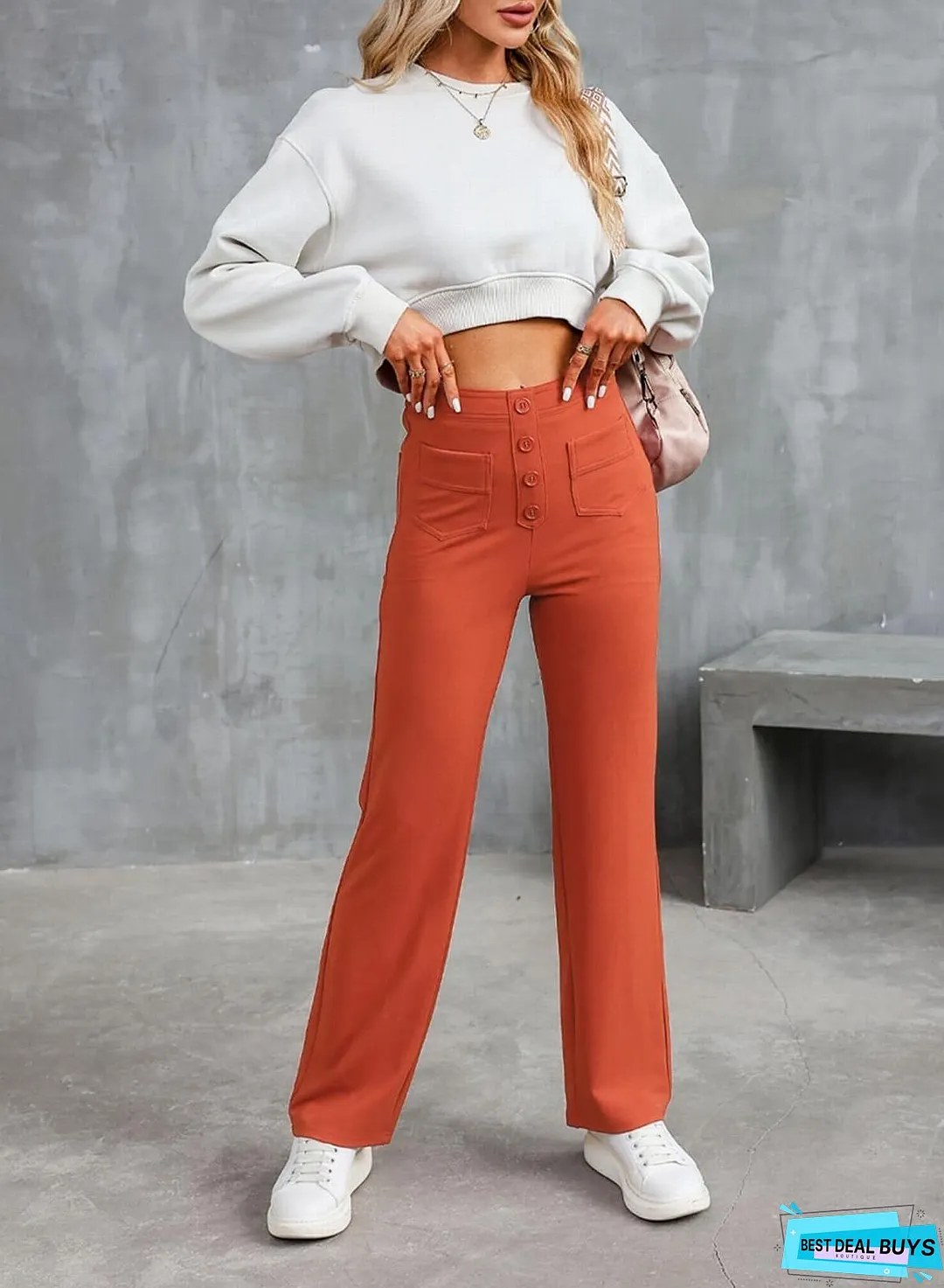 Women's Straight High Waist Button Elastic Band Pants