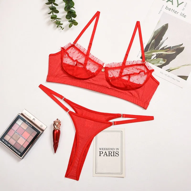 Yimunancy 2-piece Bra Set Women Dot Mesh Bra + Panties 2021 Ladies Black Sexy Lace Lingerie Set