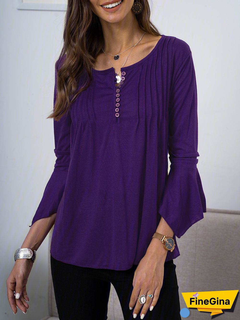 3/4 Sleeve Casual Plain Blouses & Shirts