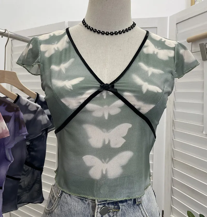 Churchf Sexy Hottie V-Neck Butterfly Print Short-Sleeved T-Shirt Slime Short-Navel Net T-Shirt Girl 9920
