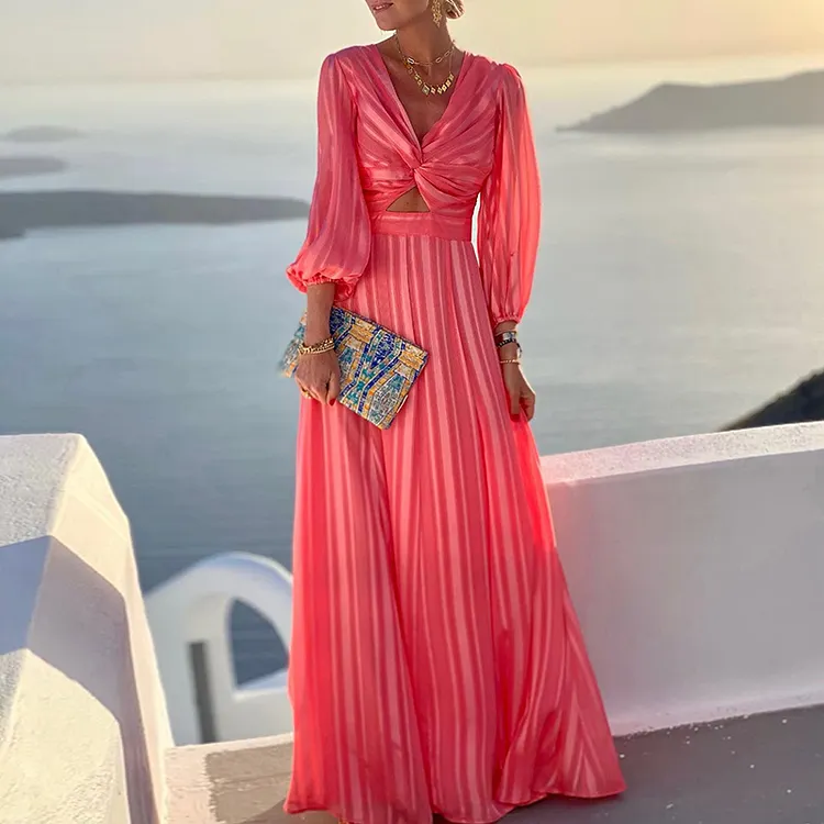 Fashion Loose Puff Sleeve Striped Maxi Dress