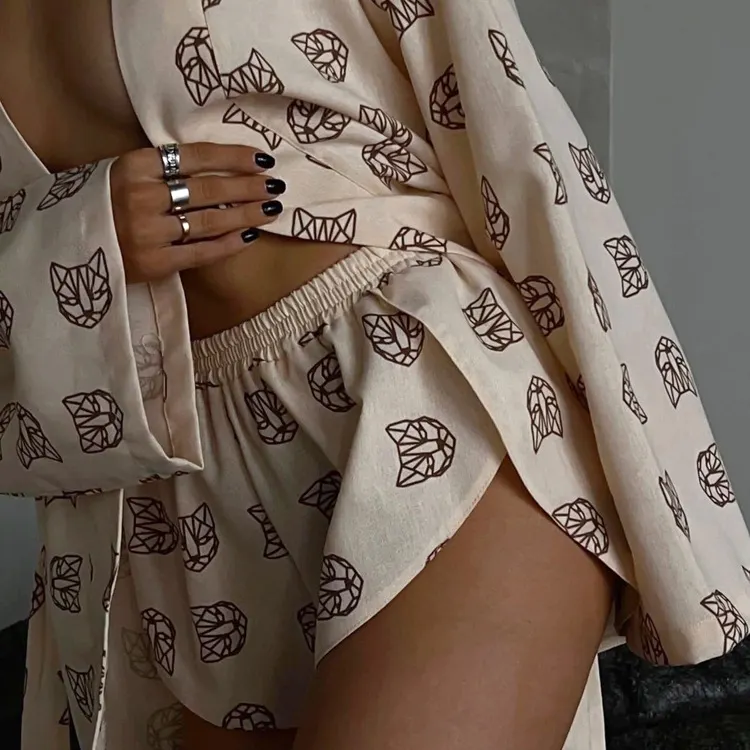 Churchf Churchf New Loose Print Women's Casual Tie Long Sleeve Pajamas High Waist Shorts Set Home Clothes