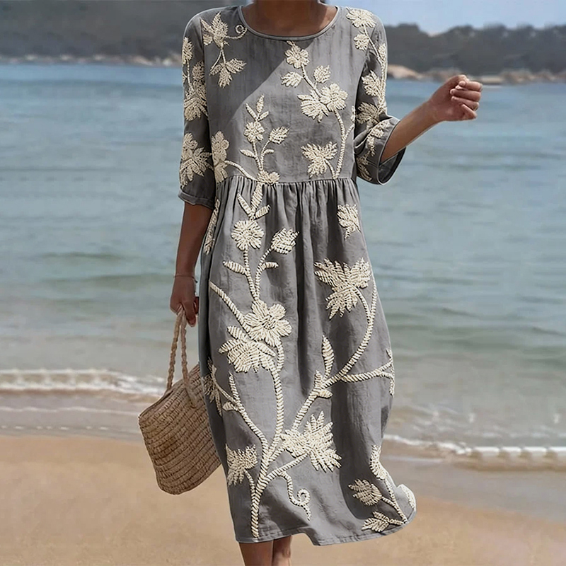 Comstylish Vintage Floral Art Pattern Linen Blend Loose Three-quarter Sleeve Dress