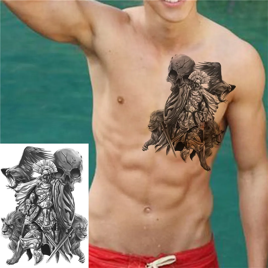 Flower Skeleton Temporary Tattoos For Women Men Adult Death Skull Tattoo Sticker Fake Lion Wolf Forest Black Evil Tatoos Armband