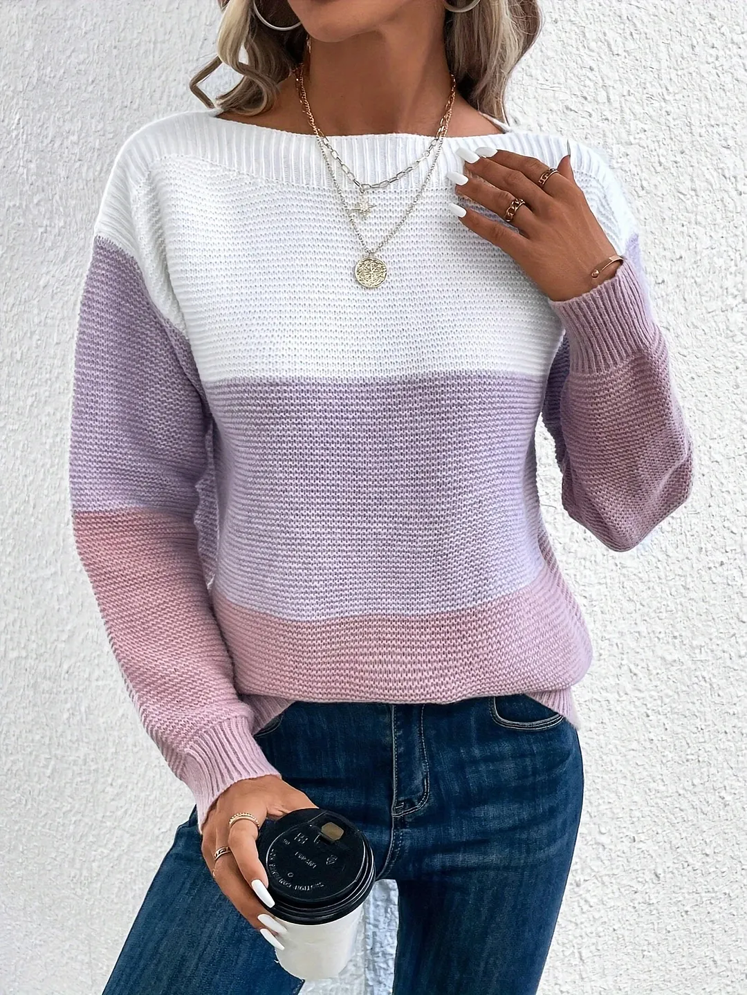 Athvotar Athvotar And Winter Round Collar Splicing A Hundred Striped Sweater Women Lazy Wind Top Loose Large-Size Knitted Shirt