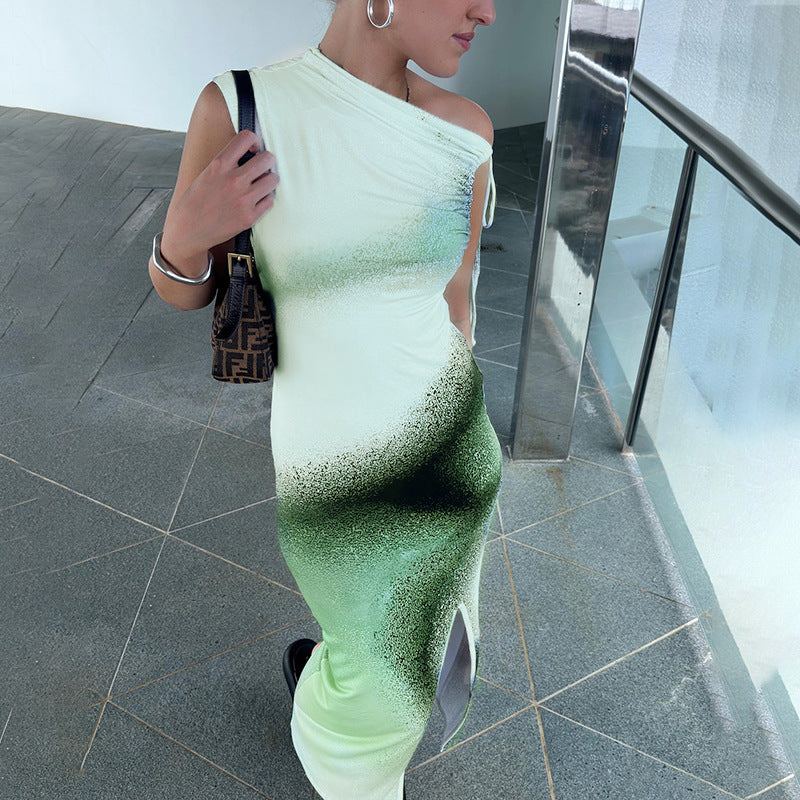 Women Summer Casual Printed Lace Up Drawstring Slim Fit Slit Maxi Dress