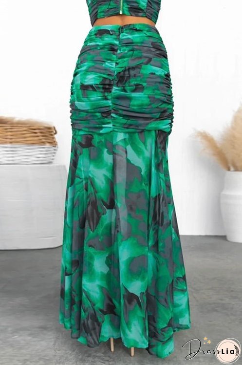 Ruched Crop Cami Top High Slit Maxi Skirt Printed Set