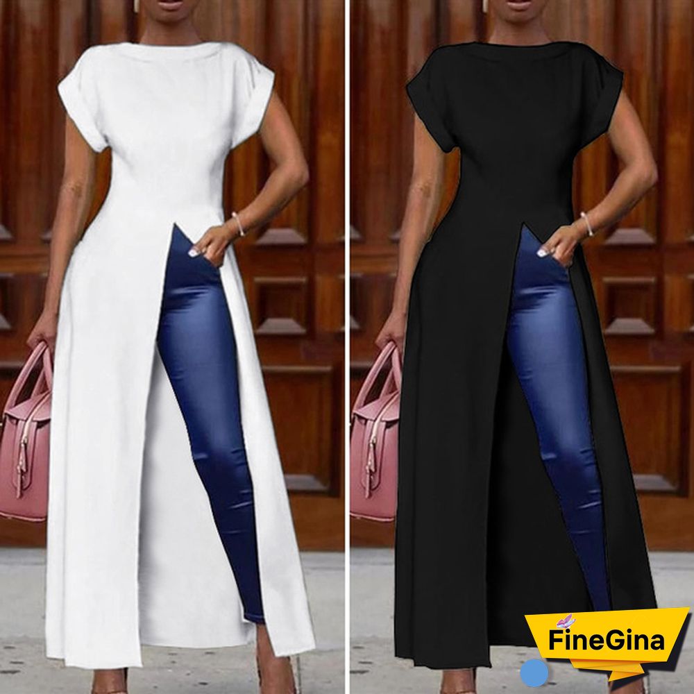 Women's Fashion Pure Short Sleeve Open Fork Blouse Irregular Swallowtail High-low Maxi Dress