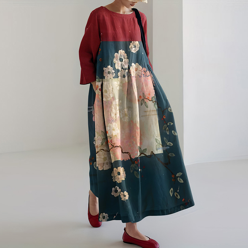 Vintage Japanese Art Sakura Print Casual Midi Dress artswardrobe