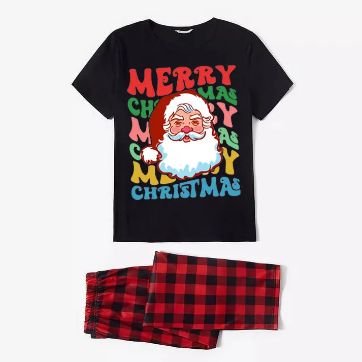 Colorful "Merry Christmas" and Santa Claus Print Black Short Sleeve with Red & Black Plaid Pant Family Matching Pajamas