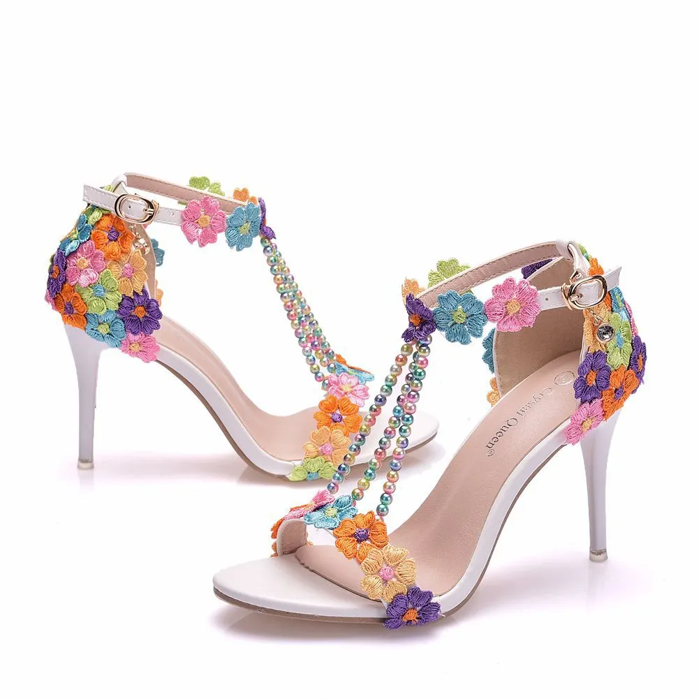Comemore Crystal Queen Women Sandals Flowers Pearl Stilettos Bridal 9cm Evening Party High Heels Bridal Pumps Wedding Shoes 2021