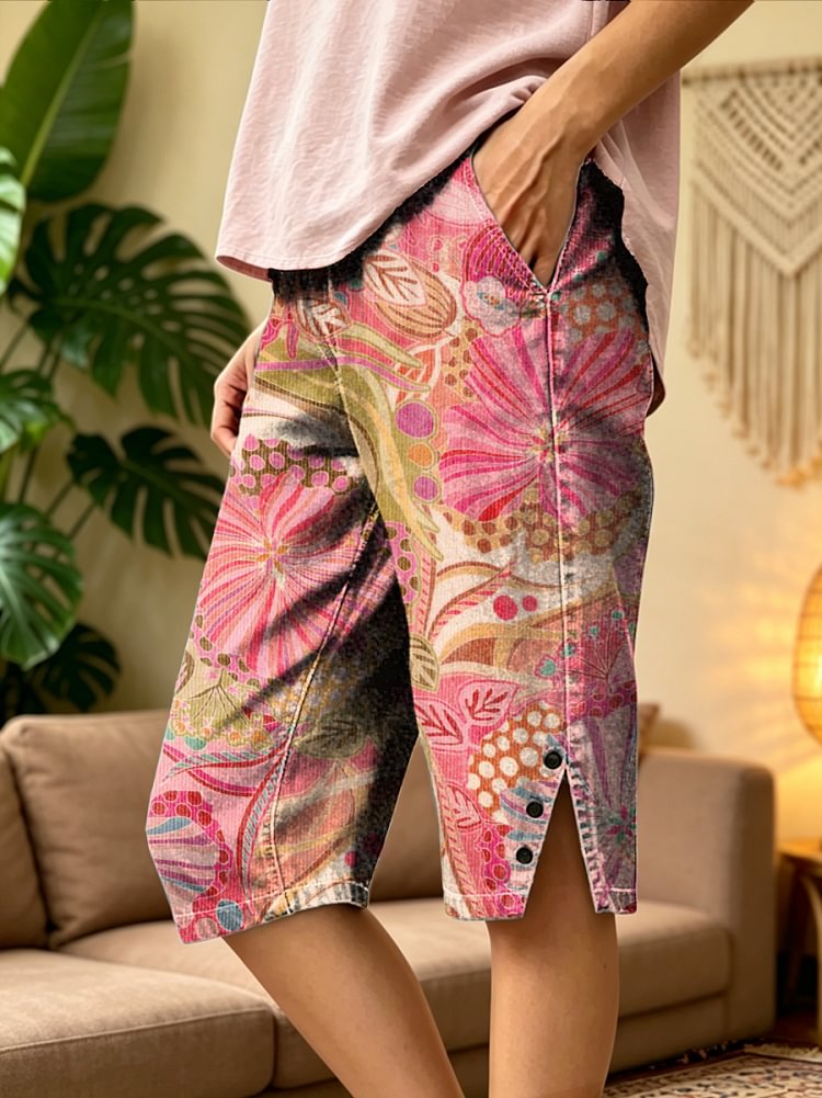 Women's Retro Ethnic Floral Art Print Casual Washed Cotton Denim Shorts
