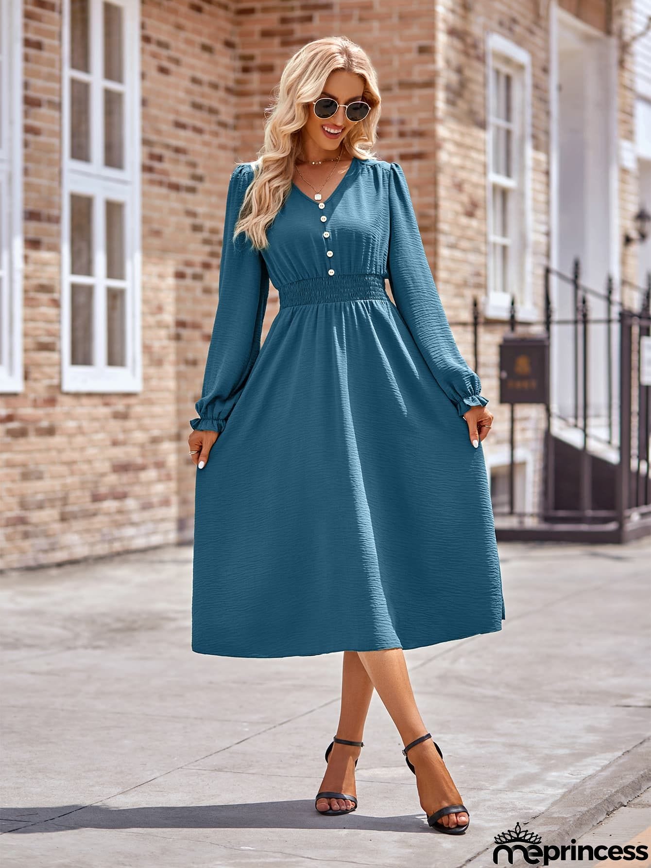 Buttoned V-Neck Flounce Sleeve Midi Dress