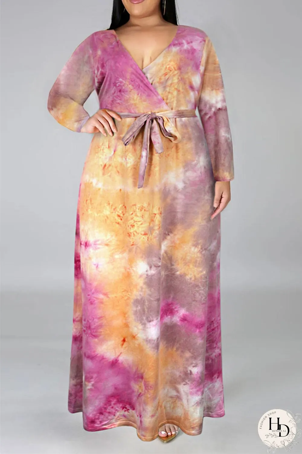 Colour Fashion Casual Print Tie-dye V Neck Long Sleeve Plus Size Dress
