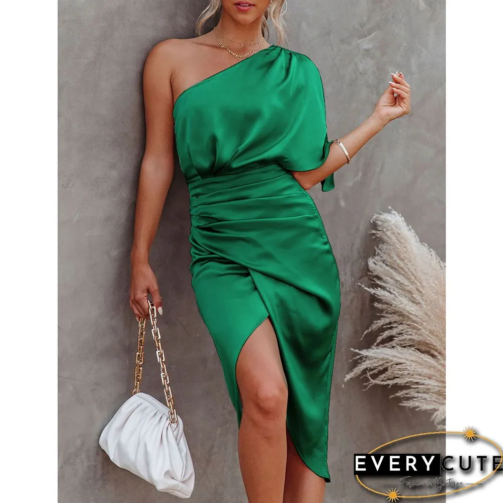 Green One Shoulder Pleated Irregular Party Dress