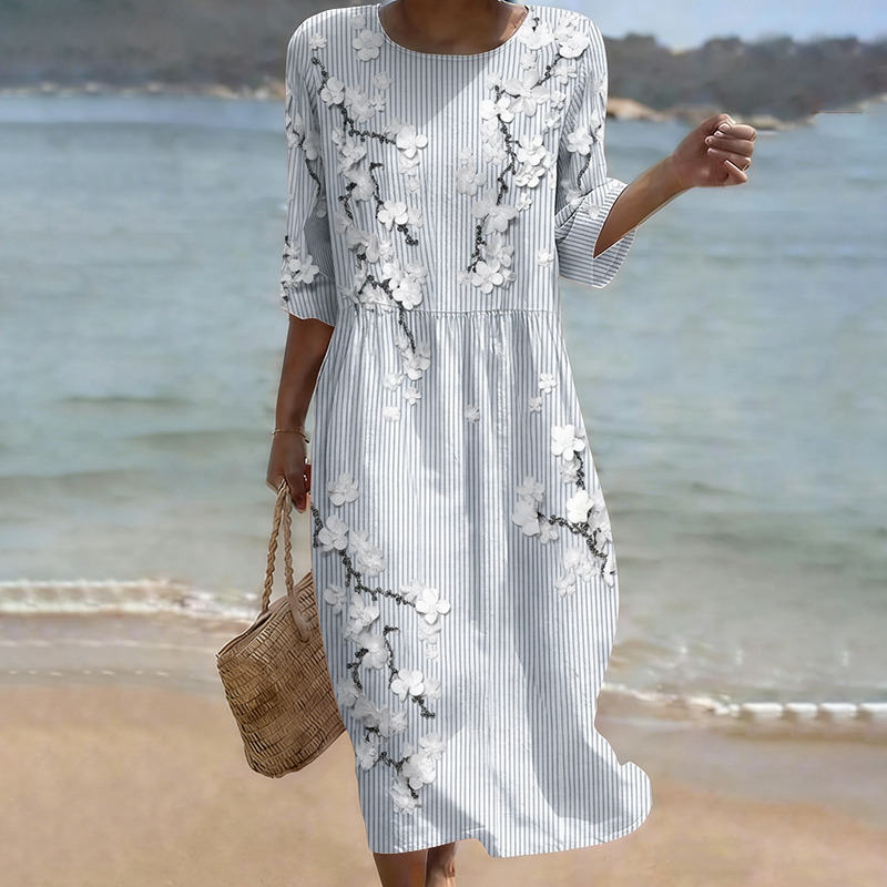 Women's Striped Floral Print Round Neck Midi Dress elevenforest