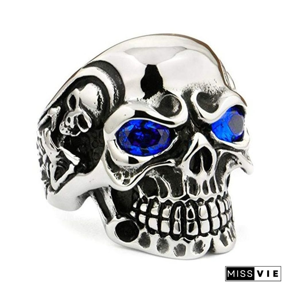 Vintage Gem Eye Skull Ring for Men Male Gothic Punk Biker Skeleton Stainless Steel Jewelry