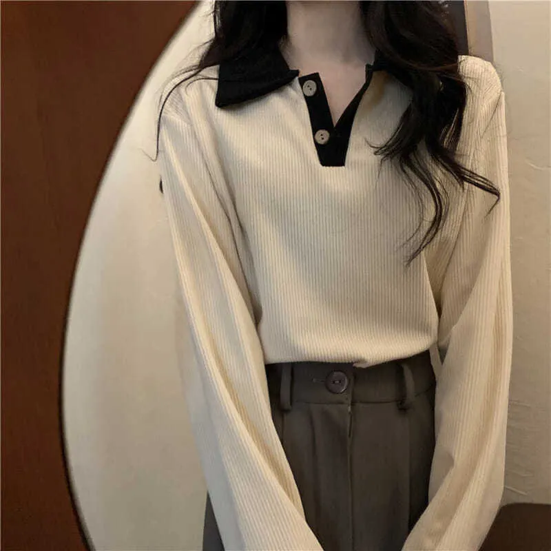 Brownm Brownm 2023 New Thin Lapel POLO Long-Sleeved T-Shirt Women's Versatile Show Thin Ins With Student Top Fashion
