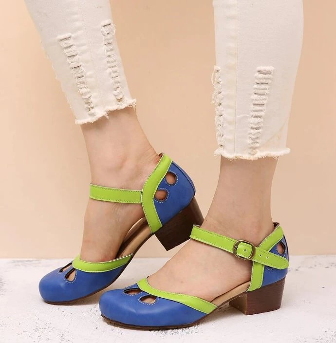 Qengg Buckle Cute Mary Janes Pumps Women Cutout Rome Round Toe Casual Office Comfy Summer High Heels Shoes Chunky Heels Pumps