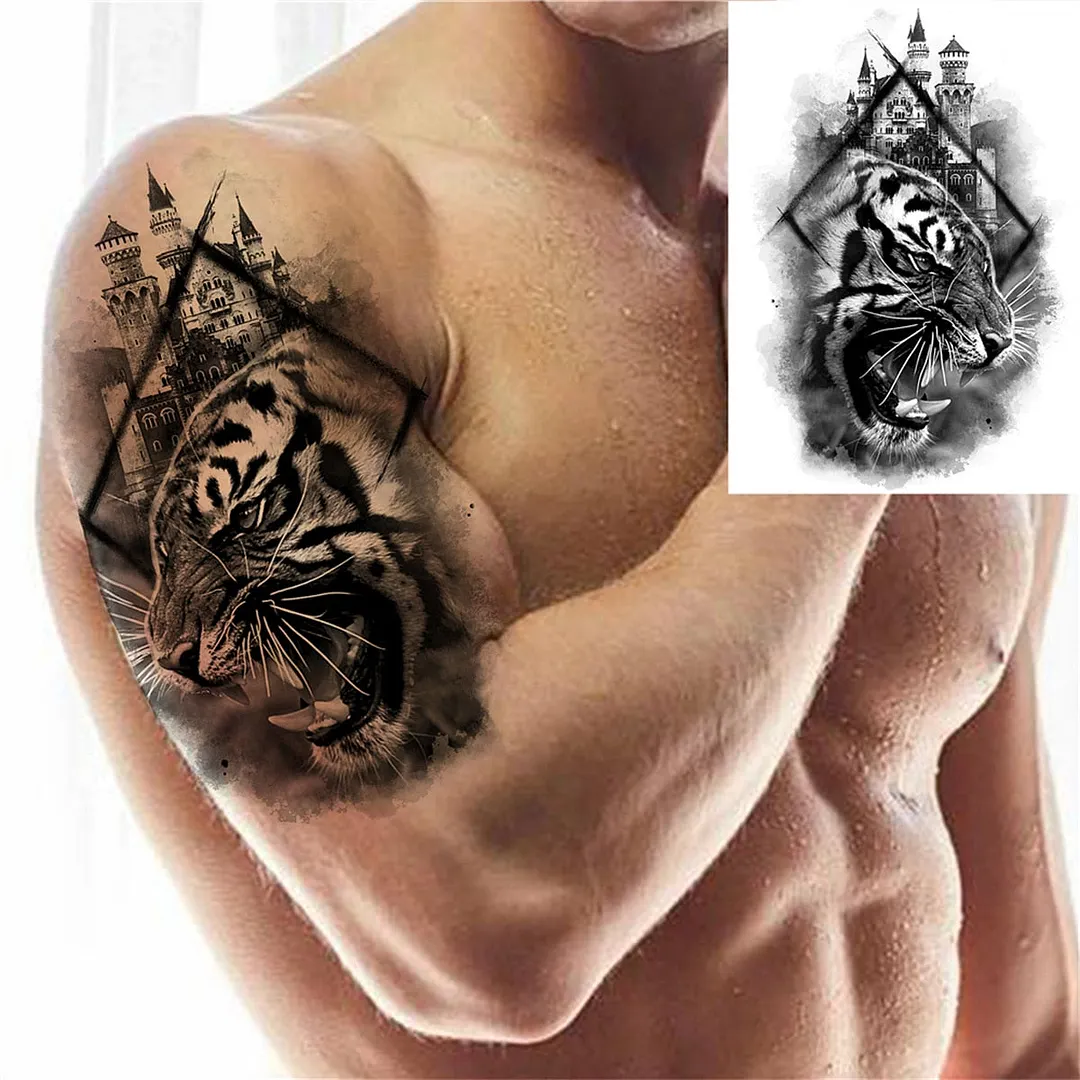 3D Lion Tiger Temporary Tattoos For Men Women Adult Black Wolf Tattoo Sticker Realistic Fake Bear Mountain Disposable Tatoo Body