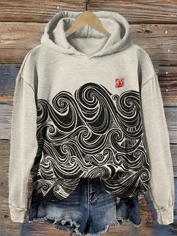 Sea Waves Japanese Lino Art Comfy Hoodie