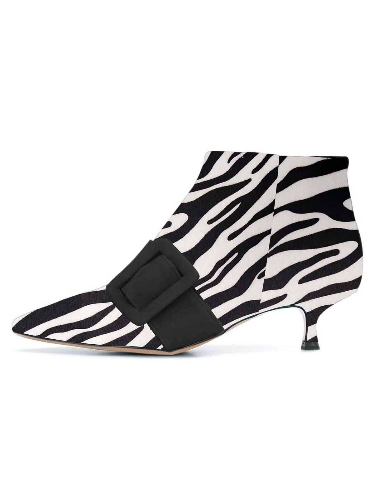 Black & White Zebra Print Kitten Heel Buckle Embellished Ankle Boots