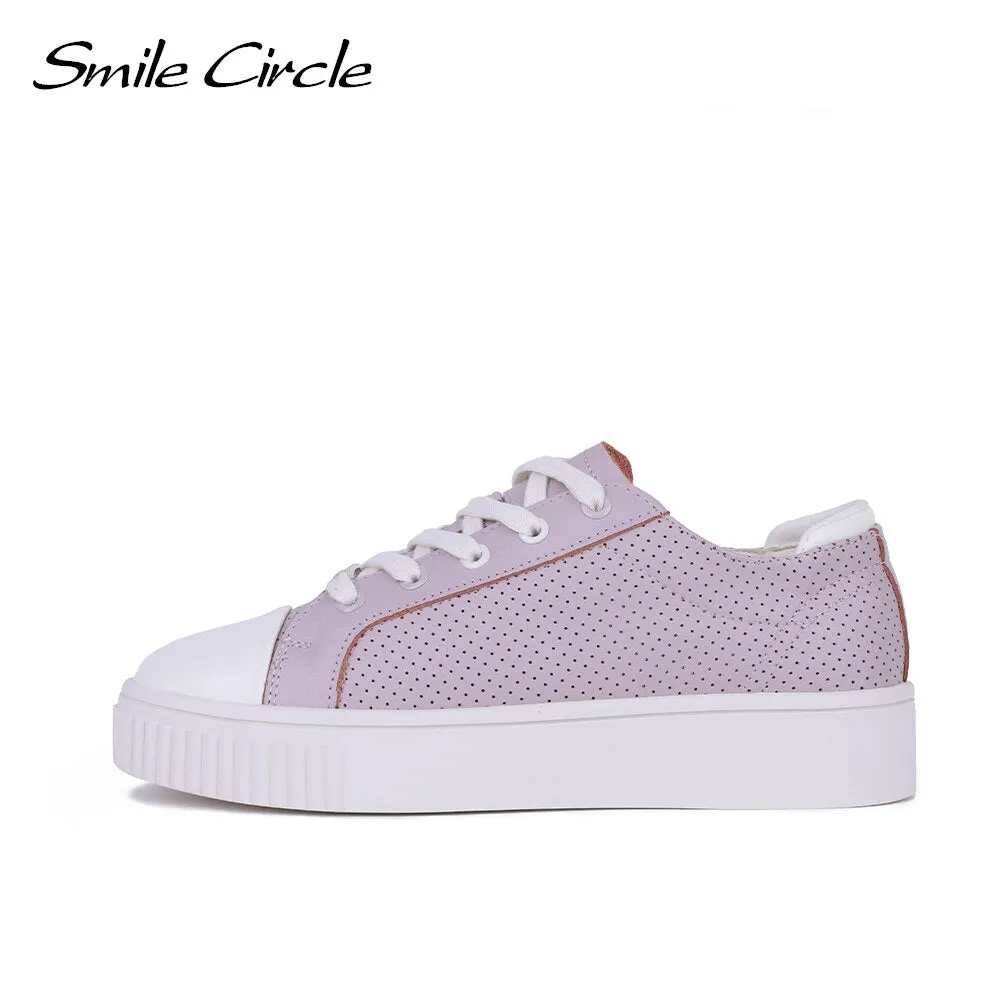 Smile Circle Summer Sneakers Women Flat Platform Shoes Genuine Leather Breathable Round toe soft insole Casual Ladies Shoes