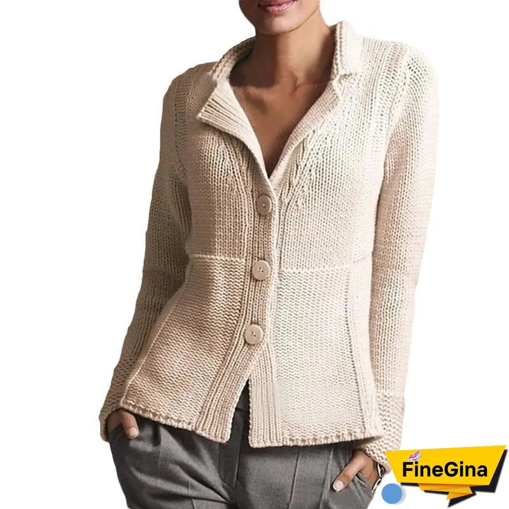 Lapel Plain Button Knit Sweater Cardigan