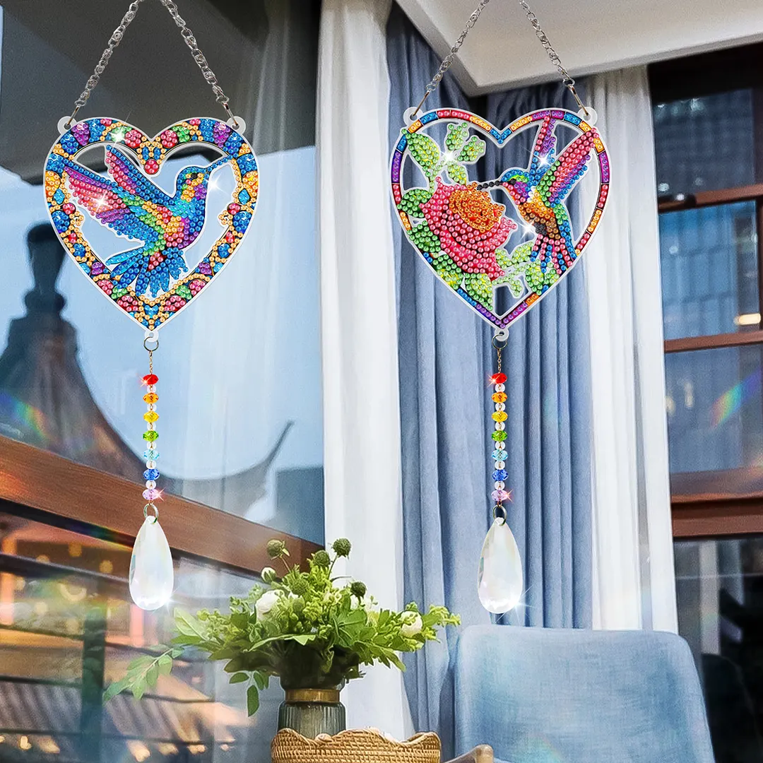 2Pcs Love Hummingbird DIY Acrylic Diamond Painting Art Wind Chimes with Crystal Pendant Diamond Art Hanging Pendant Double-Sided for Adults Beginners Gift Home Garden Decor