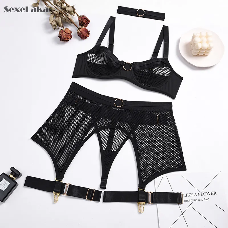 Billionm Lace Lingerie Set Women Black Push Up Bra and Panty with Garter Belt Bralette See Through Sexy Lenceria Underwear Set Femme Sex
