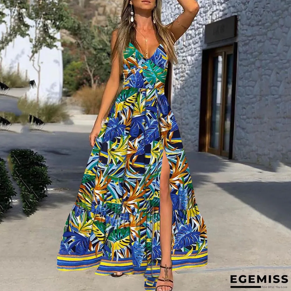 Deep V Suspender Printed Leaf Dress | EGEMISS
