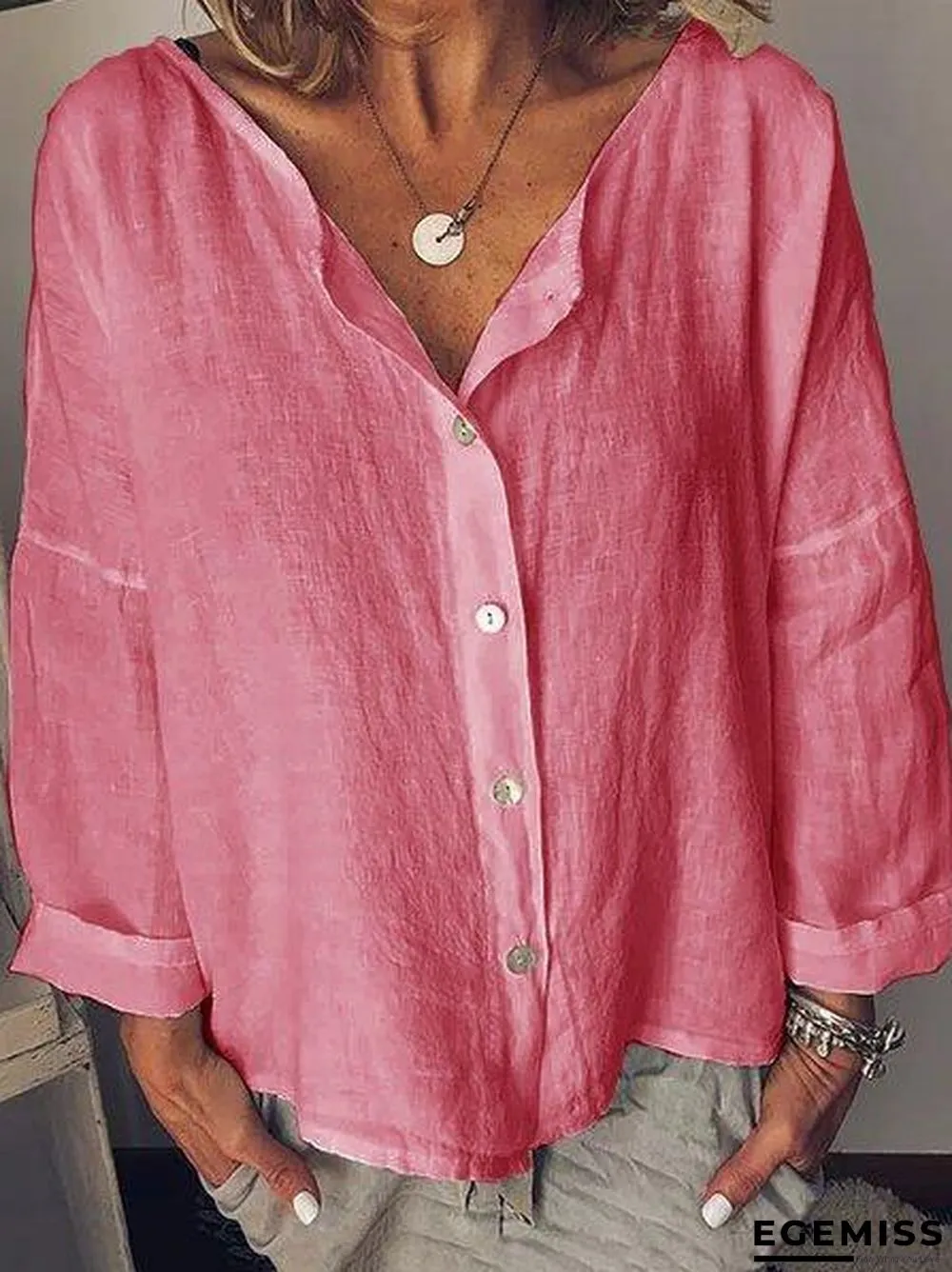 Long Sleeve Solid Shirts Plus Size Blouses Linen | EGEMISS