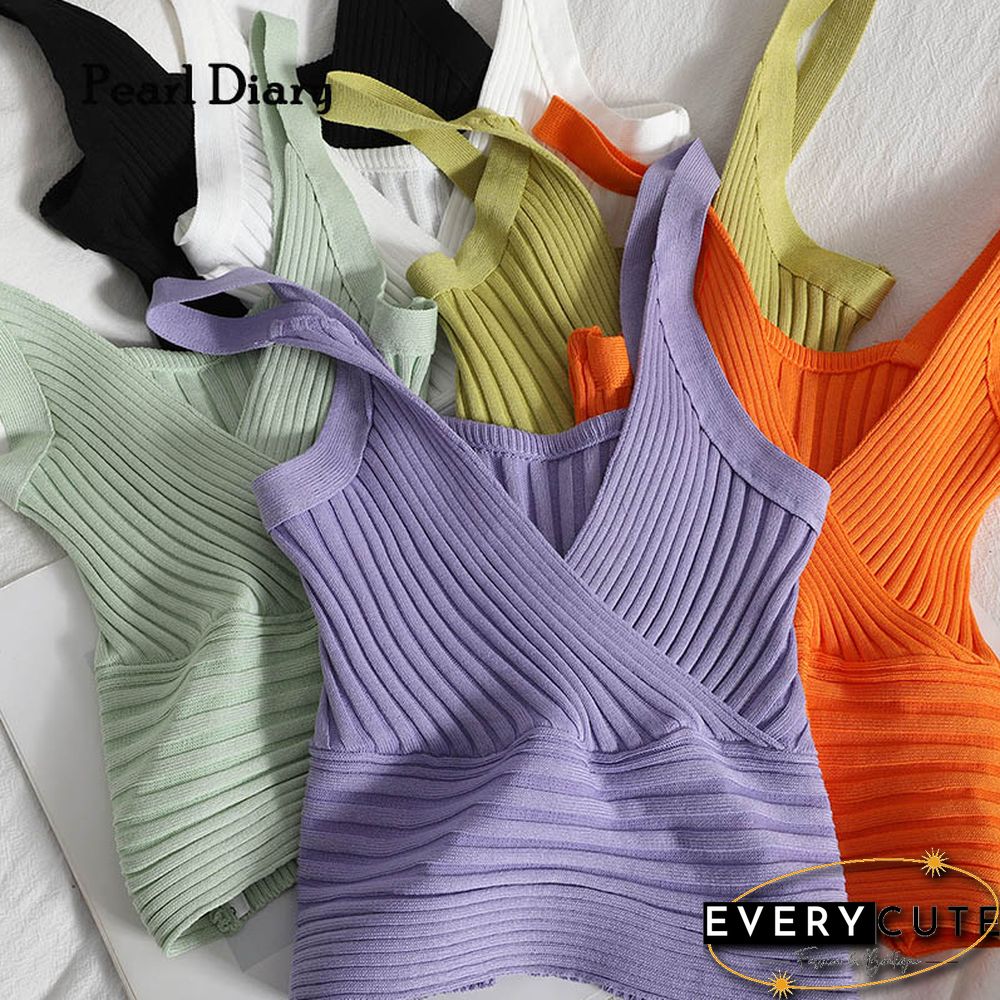 Women Rib Tank Tops Summer Wrap Front Sexy V Neck Knitting Sleeveless Tops Solid Color Beach Retro Skinny Chic Tops