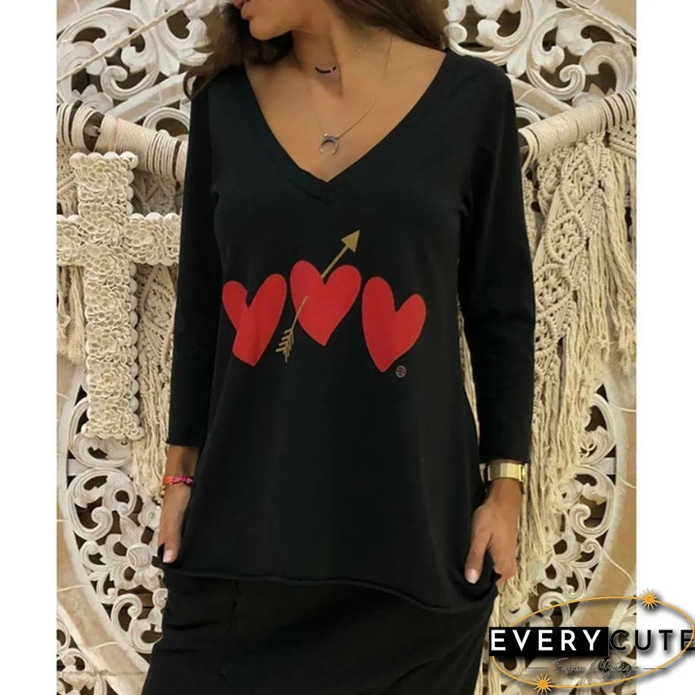 3 Color Women's Fashion Heart Print Long Sleeve V-neck T-Shirts Cotton Tee Cute Female Blouse Casual Tops XS-8XL