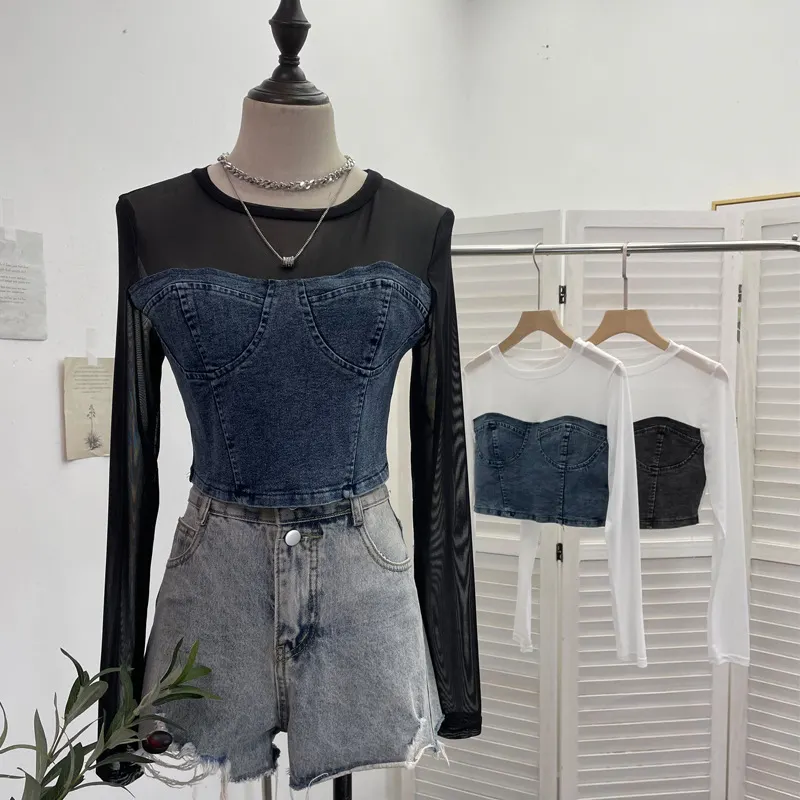 Churchf Fashion Fake Two Denim Splicing Mesh Long Sleeve Top Short Open Umbilion T-Shirt 2623