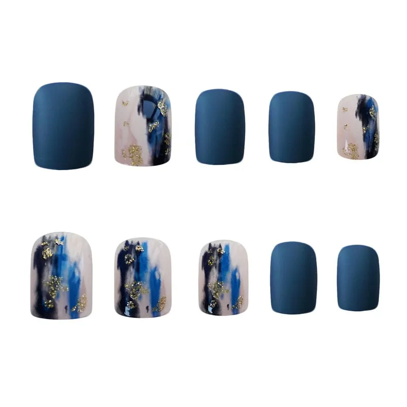 24pcs/box Blue Dye With Sequins Decorated press on nail tips Frosted Square Head Short Wearable Full Cover fake nails with glue-Nail Inspo