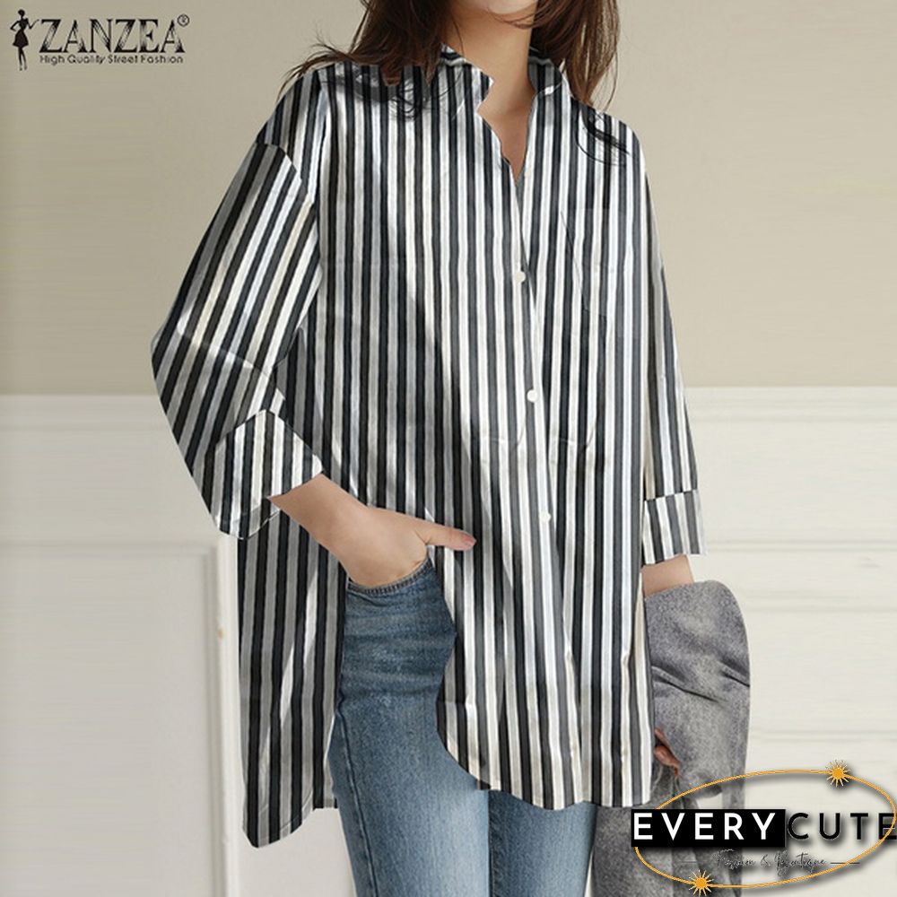 Womens Turn Down Collar T-Shirt Full Sleeve Front Pockets Loose Shirt Button Striped Print Tops S-5XL