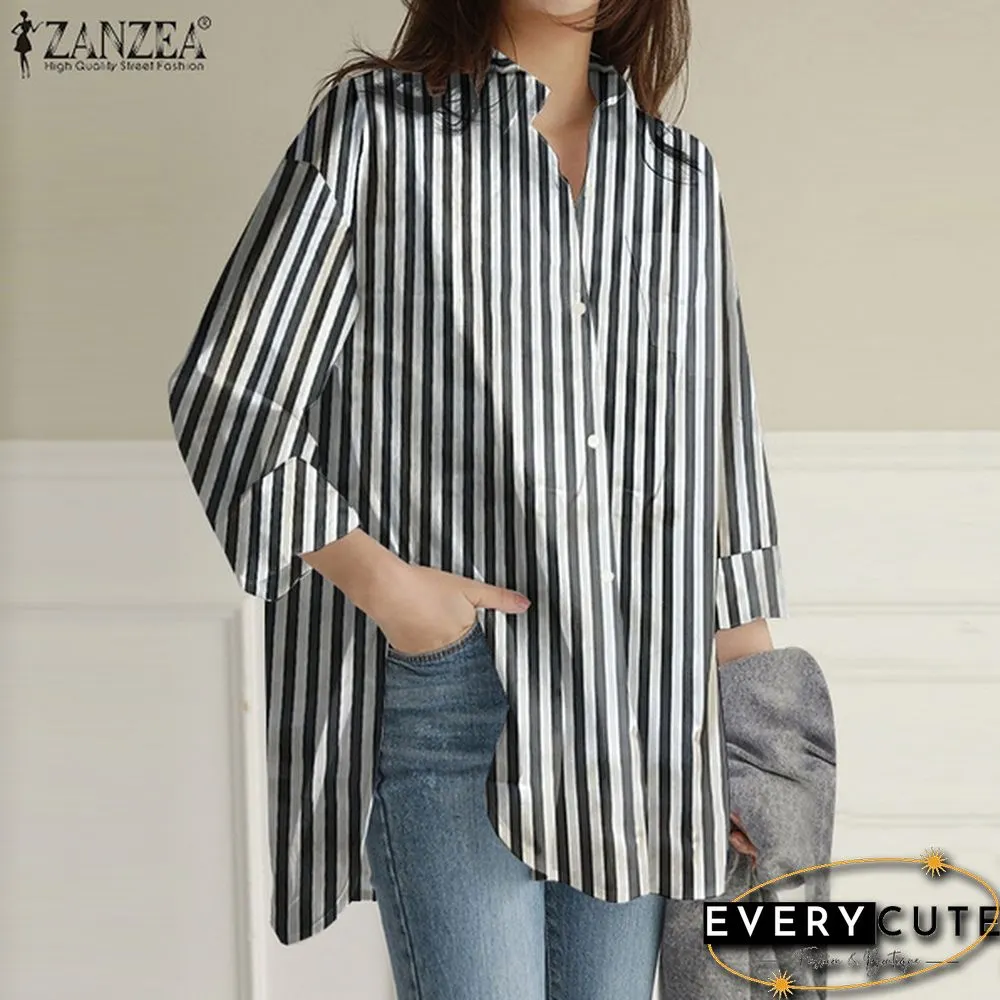 Womens Turn Down Collar T-Shirt Full Sleeve Front Pockets Loose Shirt Button Striped Print Tops S-5XL
