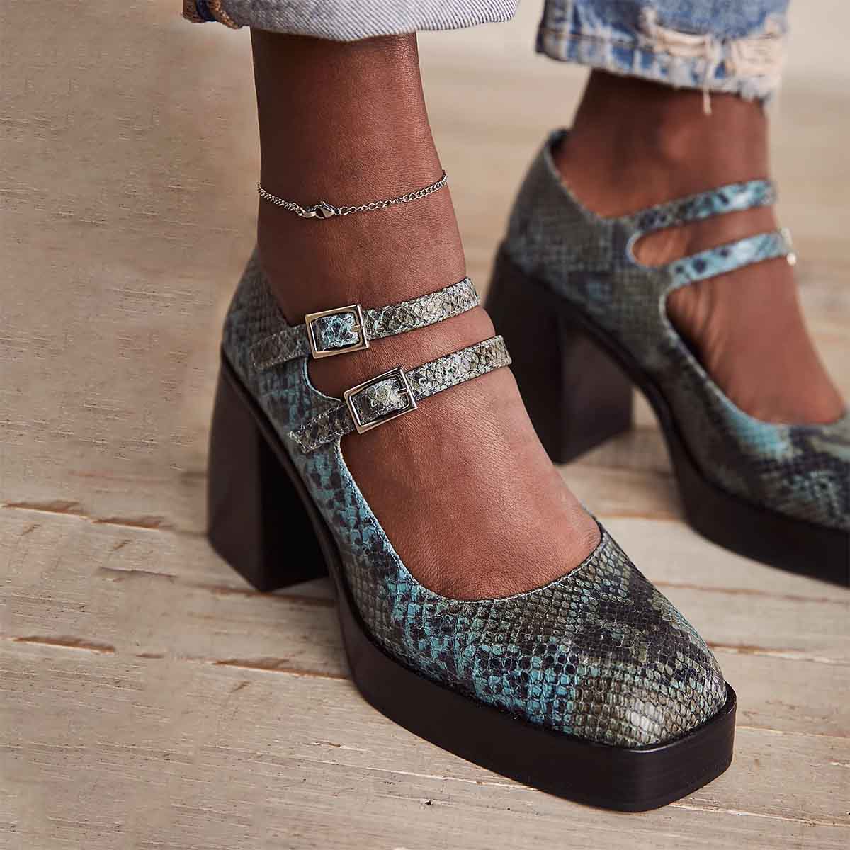 Blue Snake Textured Square Toe Double Buckle Strap Mary Jane Heels Nicepairs