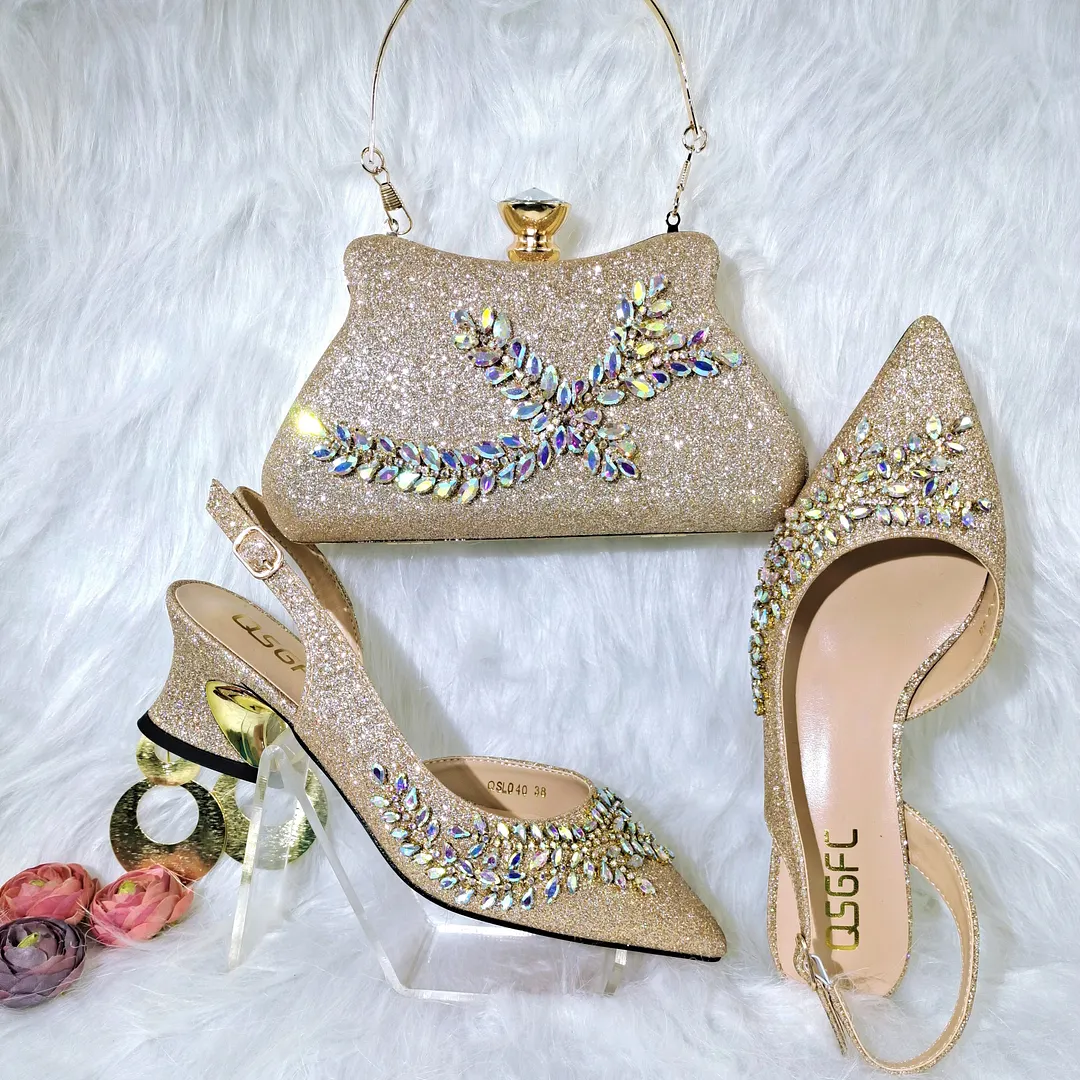 QSGFC 2022 Peach Color Shaped Mid-heel Design Shoes Popular Pointed Ladies Shoes And Bags African Wedding Party Shoes With Bag