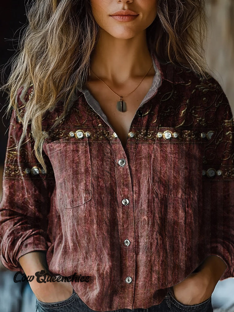 Women&rsquo;s Retro Crimson Pattern Print Casual Long Sleeve Comfortable Cotton Shirt Multicolor / S