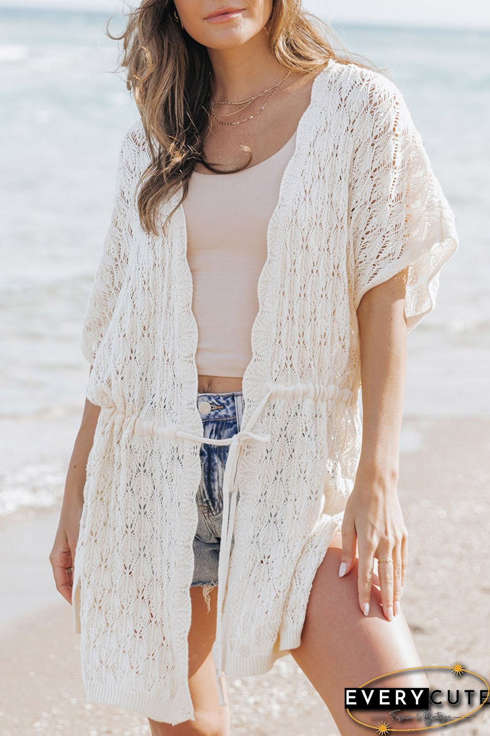 White Crochet Open Front Kimono with Slits
